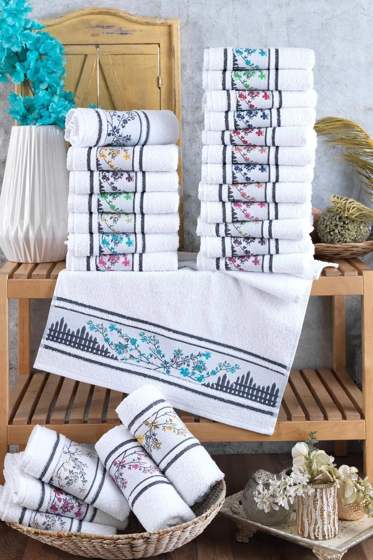 IN STOCK SINIRLI MISS 12 PCS Garden Flower Embroideried 12'li 30x50 Cm Hand And Face Towel Set