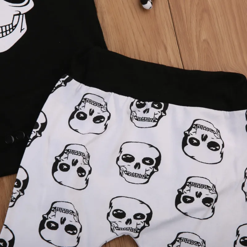 CANIS 2022 New 4pcs Set Newborn Kids Baby Boy Skull Outfits Clothes Tops+Long Pants Hat Fashion High Quality Hot Sale