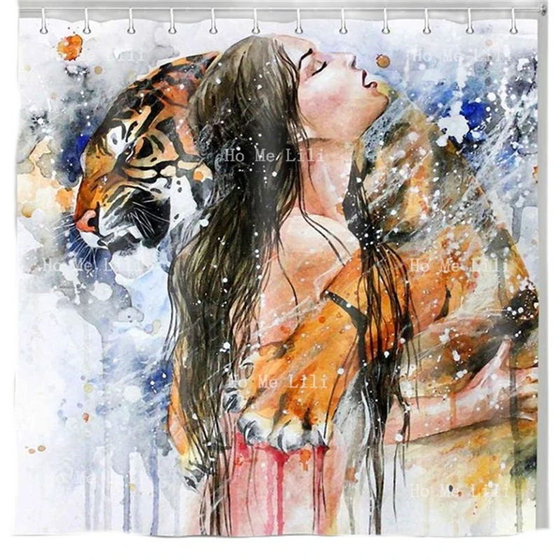 Girl Tiger Shower Curtain Oil Painting Watercolor Human And Animal Friendship Winter Is Coming Wild Life Bathroom Decoration