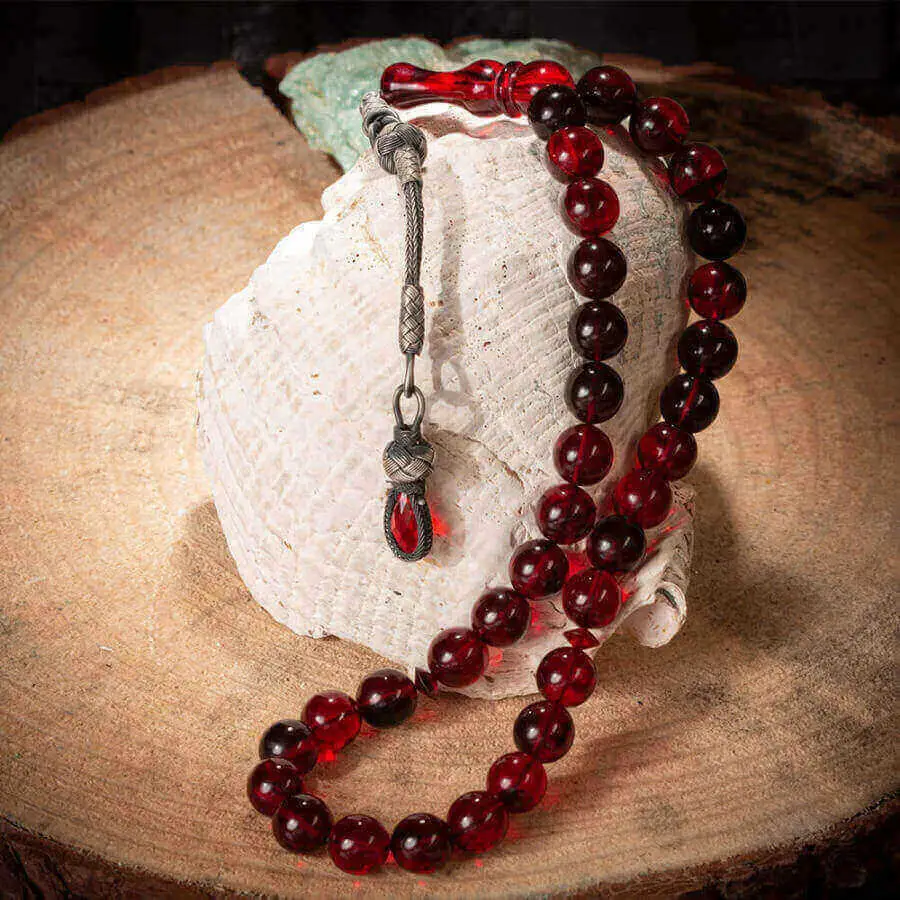 Silver Wavy Red Amber Gemstone Prayer Rosary Men Sphere Cut Rosary With Silver Tassel Arabic Tasbih With Drop Model Tassel