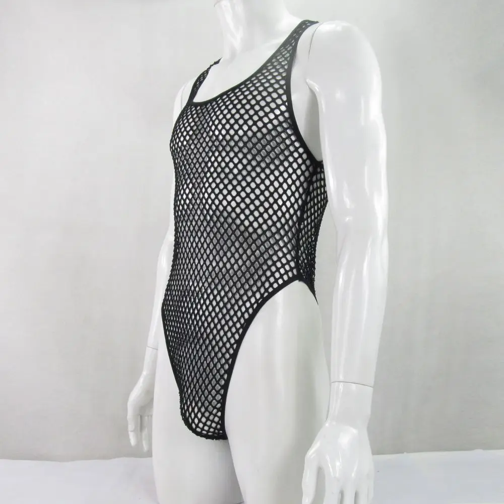 Mens Thong Back Bodysuit Stretchy High Cut Racer Back G1289 Big Net C-thru