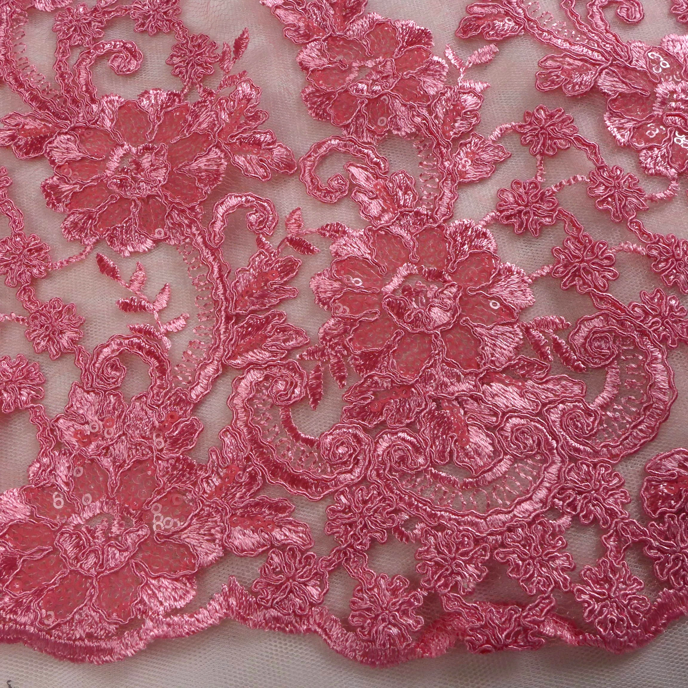 La Belleza 1 yard  Pink cord with sequins on irregular Dark pattern net embroidery lace fabric