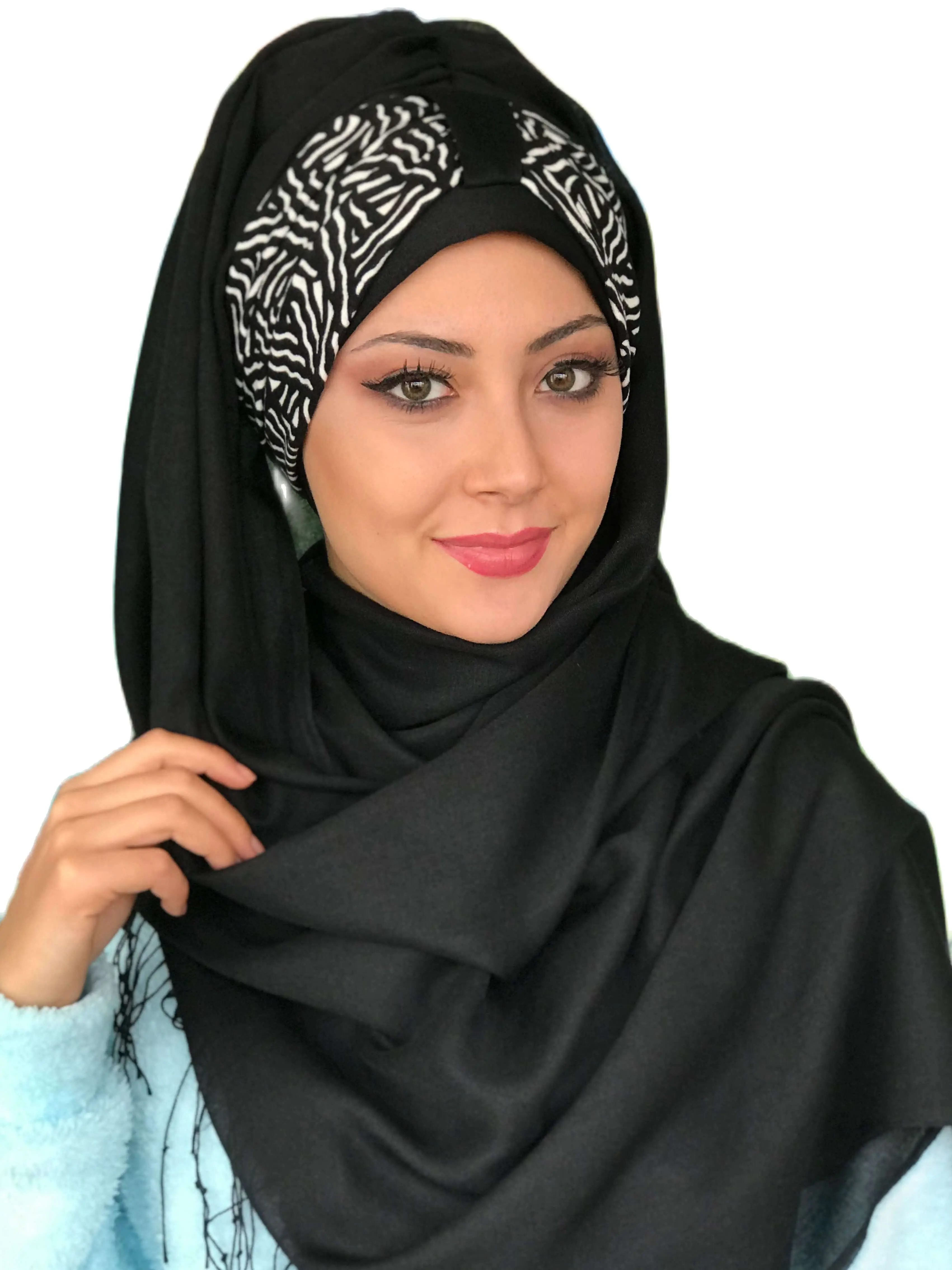 Yeni Moda Hijab Kadın 2021 Sonbahar Kış Müslüman Başörtüsü İslami Türban Şapka Fular Siyah Beyaz Çizgili Koton Hazır Şal