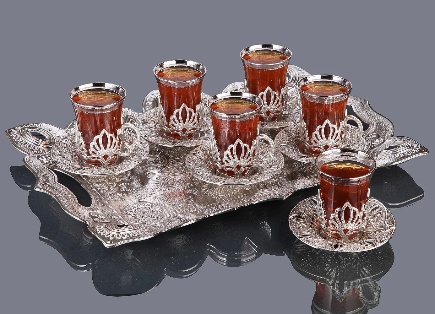 12 Pieces/6 Person Tea Set With Handle Traditional Turkish Style Silver Perfect Quality Made in Turkey