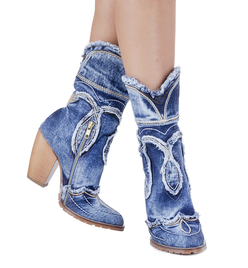 Jeans Handmade Blue Denim Boots Lace-up, Embroidered Women's Sneakers, High Heels Short Denim Boots /  COWBOY BOAT/ 7902