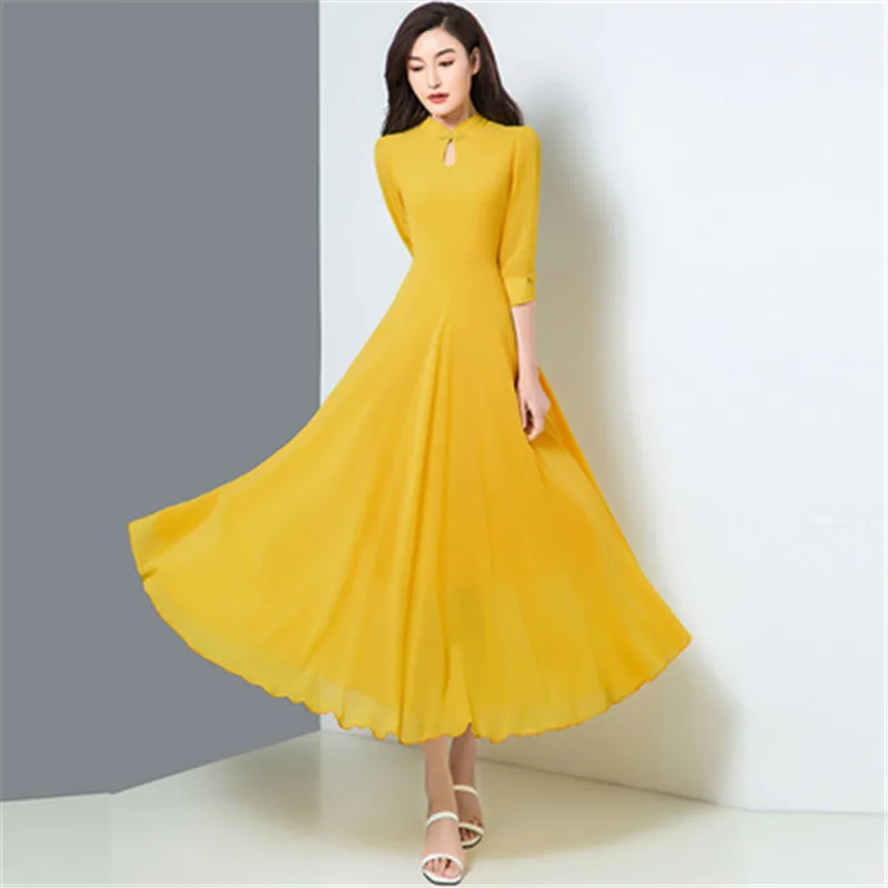 2020 summer new elegant fashion retro cheongsam solid color chiffon simple temperament long dress