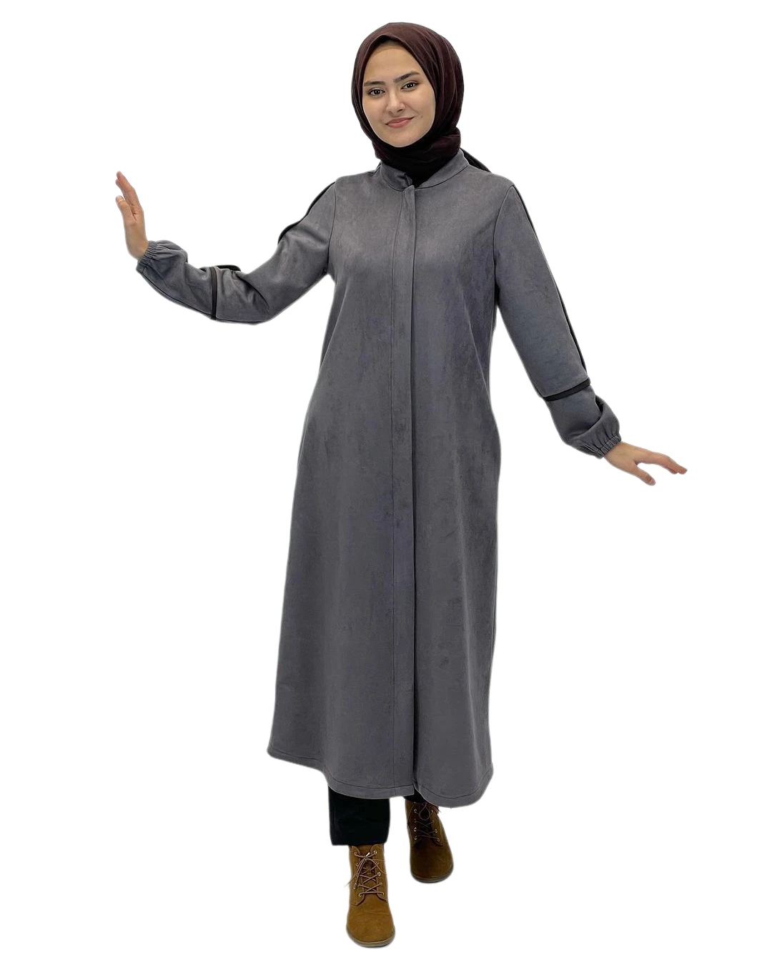 Muslim Abaya Islamic Hijab Fashion Clothing Winter Piping Hidden Zipper Suede Fabric Cap Model Dress