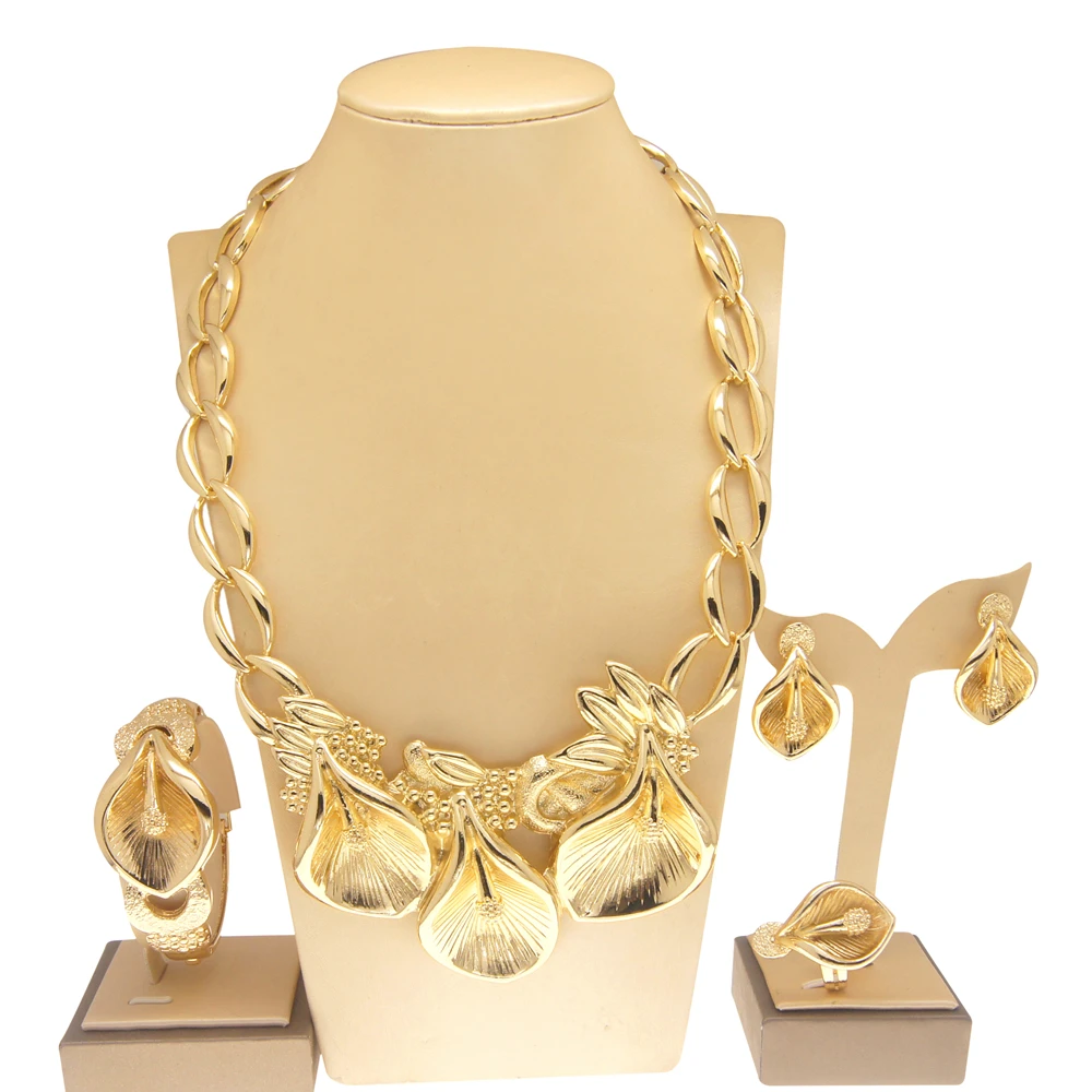 Ensemble de bijoux plaqué or pour femme, collier et boucles d'oreilles, boucles d'oreilles bourgeon de fleur, bague, fête, conception exagérée, banquet, mode