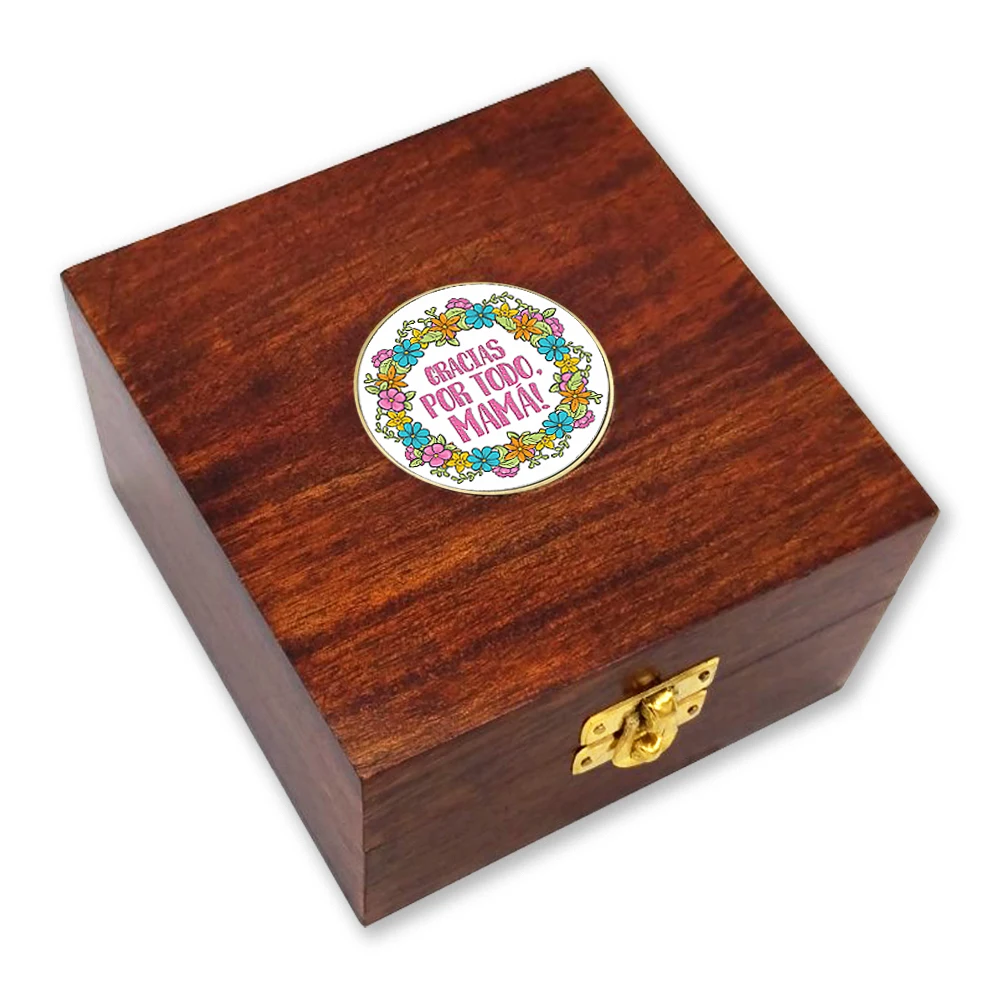 Wood Box with Latch - Mother´s Day - Metal Medallion with Crystal Dome  - Choose from 8 different designs.