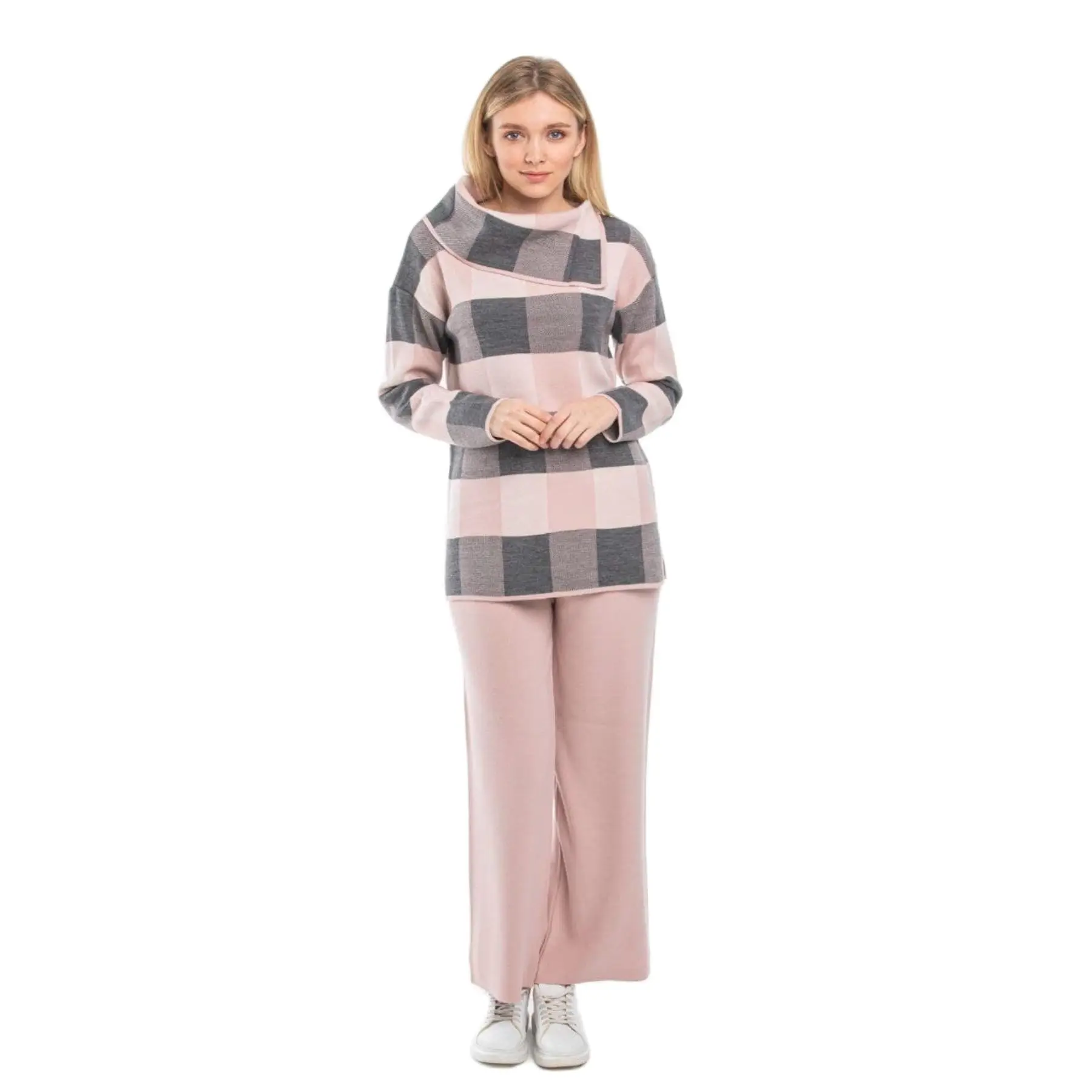 2 Pieces Women's Set Geometric Pattern Special Collar Cachet Set Maxi Sweater and Pant Thick One Size Knitted Sports Suit Turkey