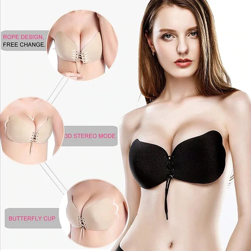 Self Adhesive Strapless Invisible Bra Bandage Backless Solid Bras Sticky Gel Silicone Push Up Women Underwear Big Cup Chest Pads