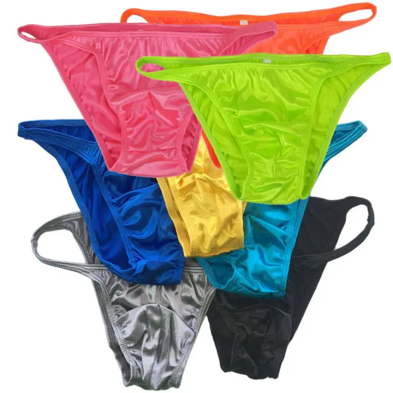 G377Y Lot Sale Mens String Bikini Posing Tanga Front Pouch Moderate Back Shiny Satin Knit mens underwear