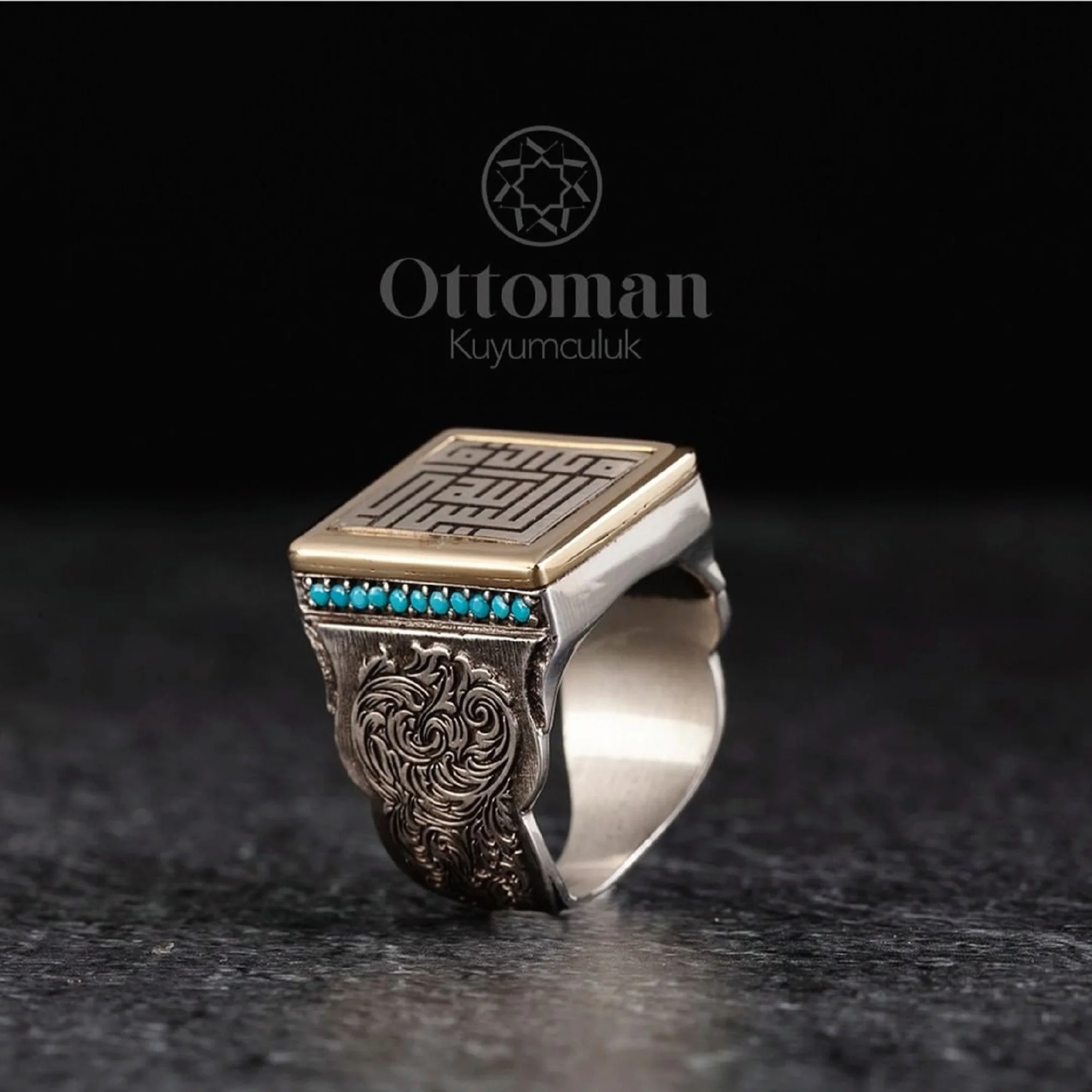 Delivery Square Kufi Calligraphy Silver Ring, Turquoise Micro Stones, Ottoman Jewelry and Rings, Turkish Handmade, Fraternity