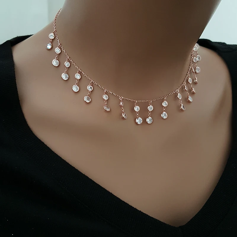 Cz Diamond Choker 925 Silver Rose Gold Plated Necklace Drop Necklace