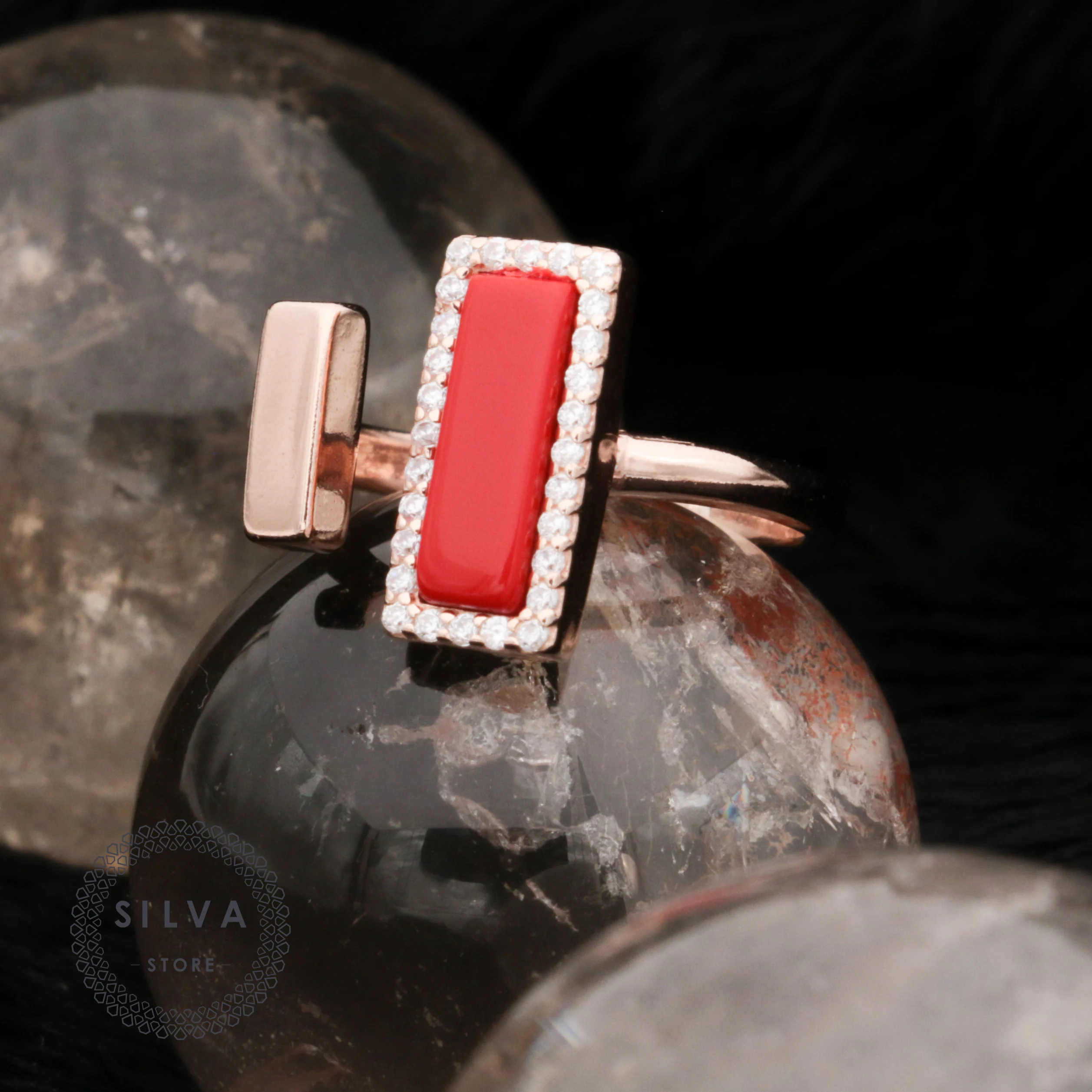 

Original 925 Silver Women's Ring. Turkish Female Jewellery Ring Rose Gold plated With Red Bakelite