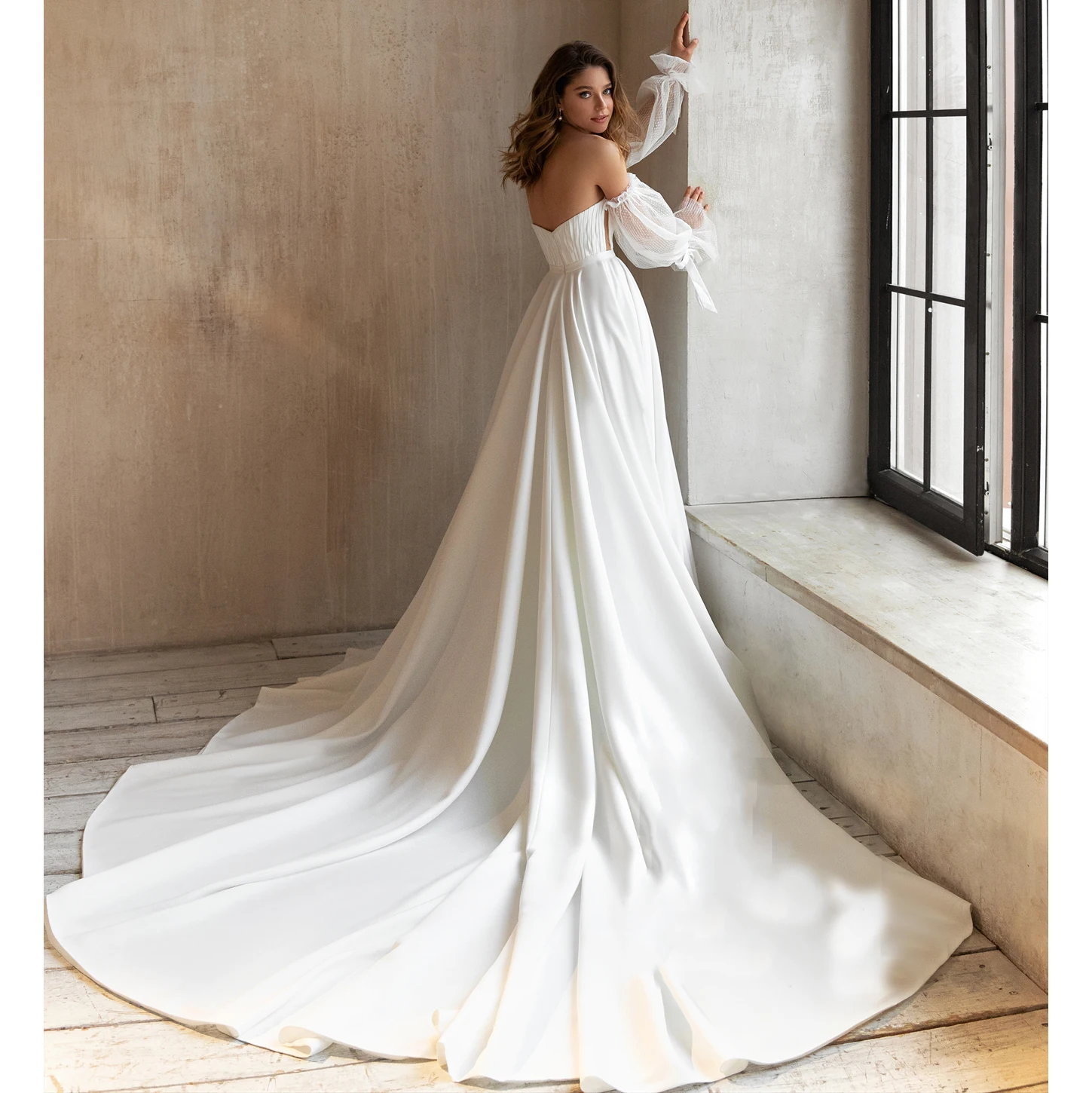 Detachable Sleeves Satin Wedding Dresses 2022 Polka Dots Tulle Customized Ruched Off Shoulder Cathedral Bridal Gown Plus Size