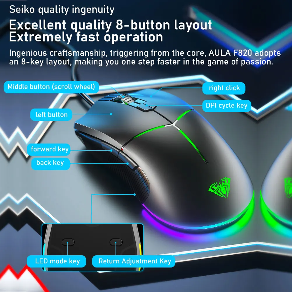 AULA F820 Gaming Mouse 6-speed DPI 6400 Ergonomic USB Optical Mouse Multiple Backlight Modes 6+1 Breathing Colors for PC