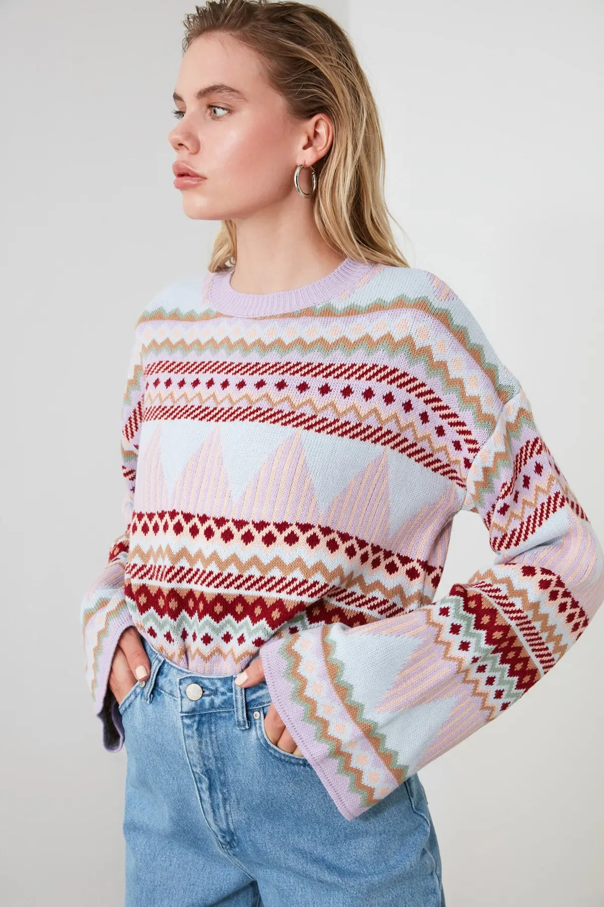 Multi Color Jacquard Knitwear Sweater Vintage New Fashion Fall and Winter Sexy Woman