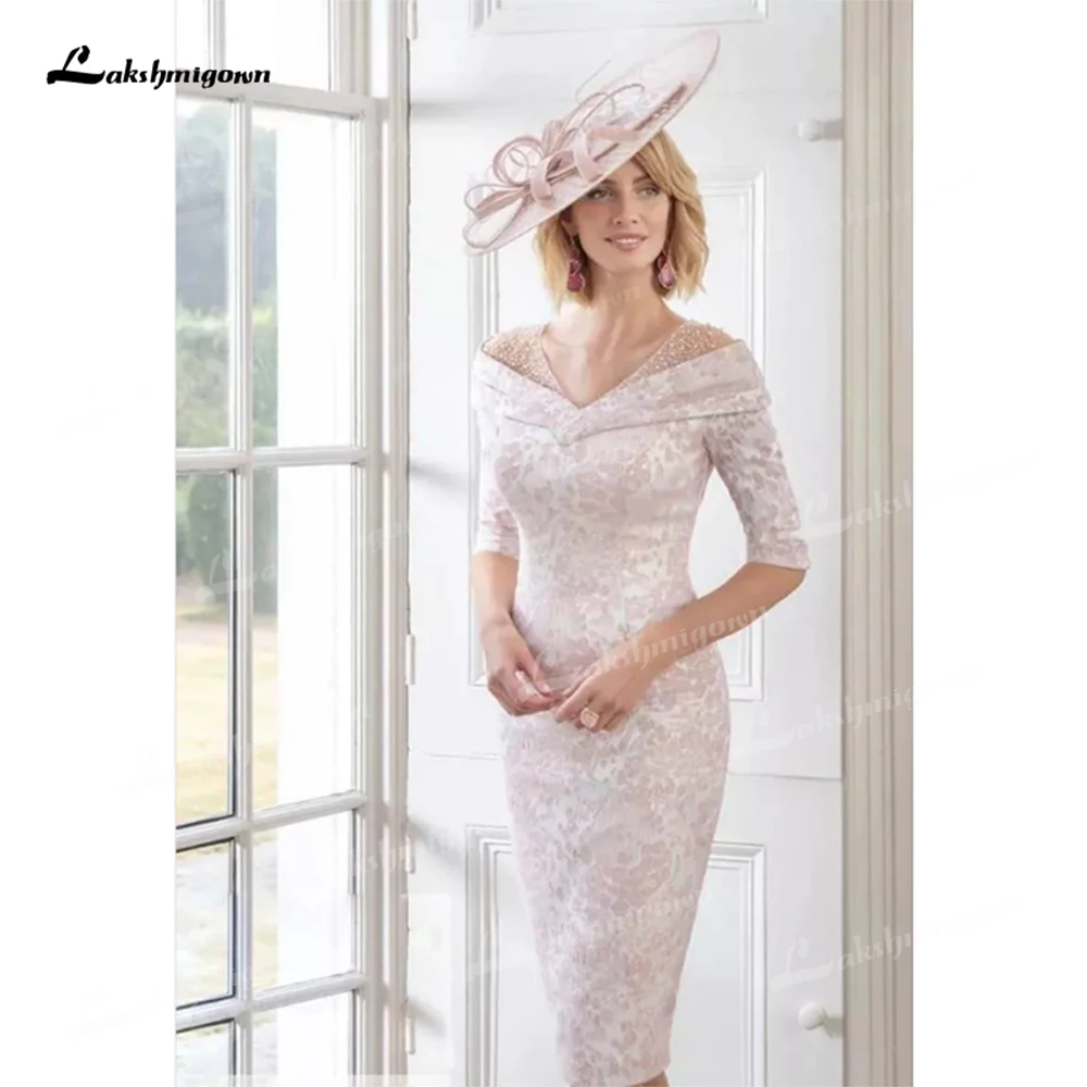 

Mother Of The Bride Dresses Floral brocade midi Sleeves with lace applique Knee Length Mother of the Groom Evening dress