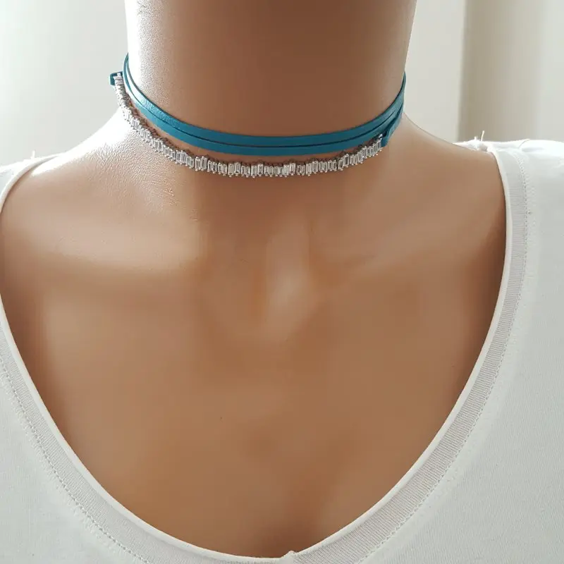 Blue Leather Women Choker Necklace 925 Sterling Silver Tiny Jewelry Made in TURKEY