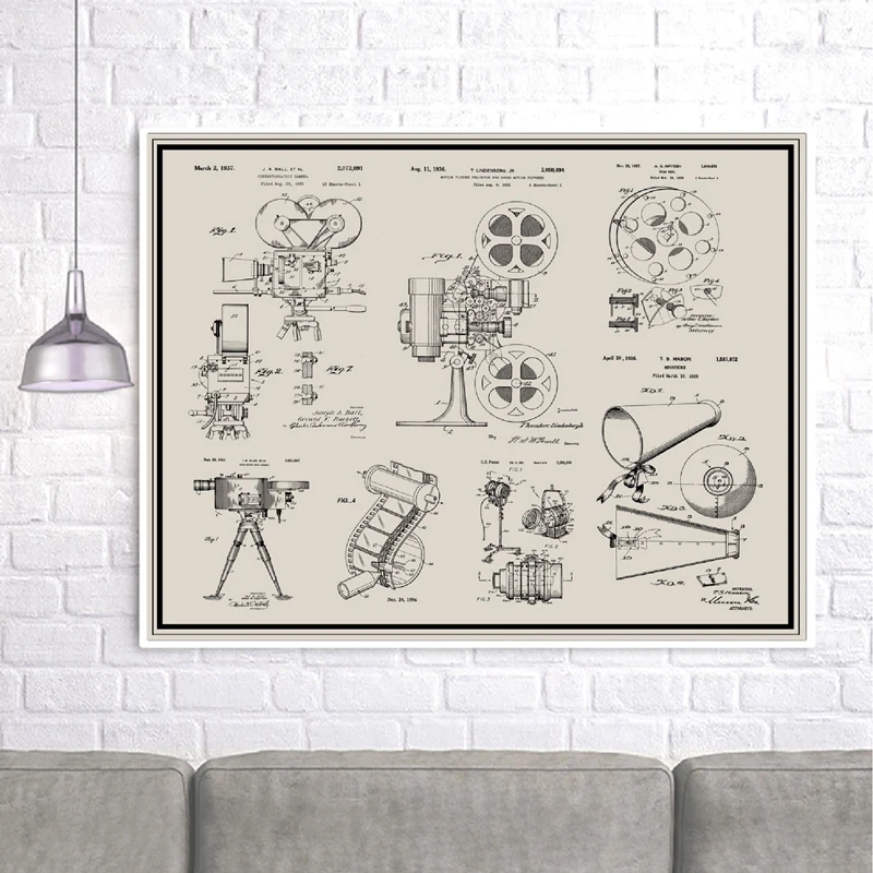 كاميرا الفيلم القديم براءات الاختراع طباعة ملصق خمر ، فيلم بكرة فيلم قطاع كاميرا مخطط الفن قماش اللوحة صور ديكور السينما