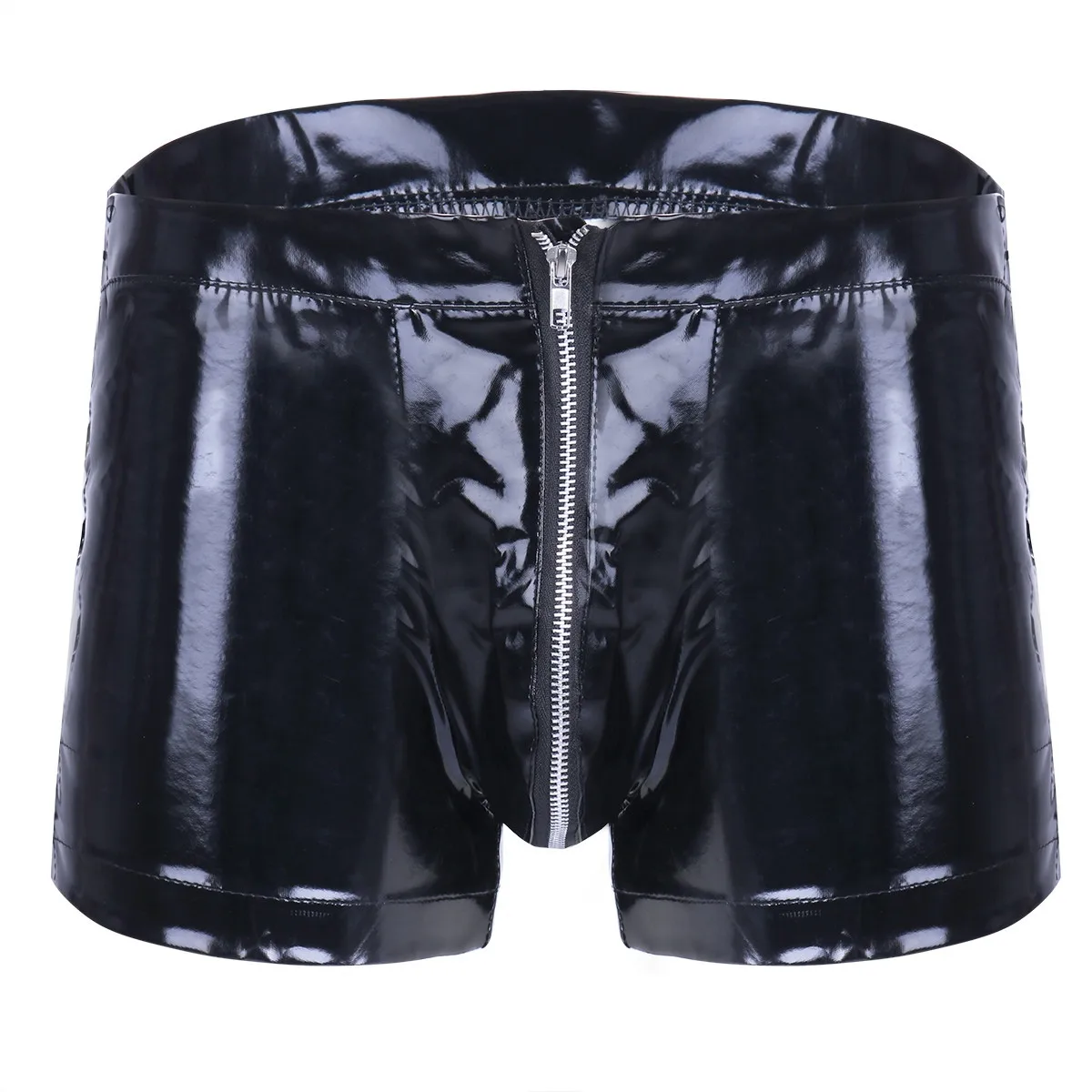 Mens Sexy Open Crotch Leather Short Pants For Sex Latex Bodycon Zipper Crotchless Patent Leather Fetish Boxer Lace up Beside