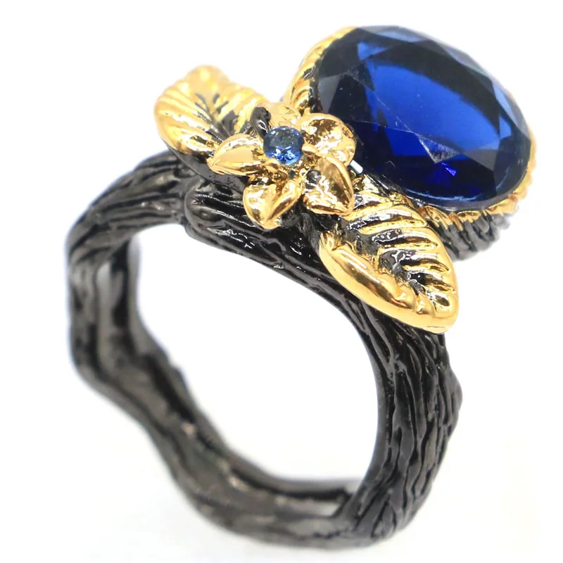 19x17mm Sublime Antique Vintage Created Tanzanite Gift For Ladies Black Gold Silver Rings