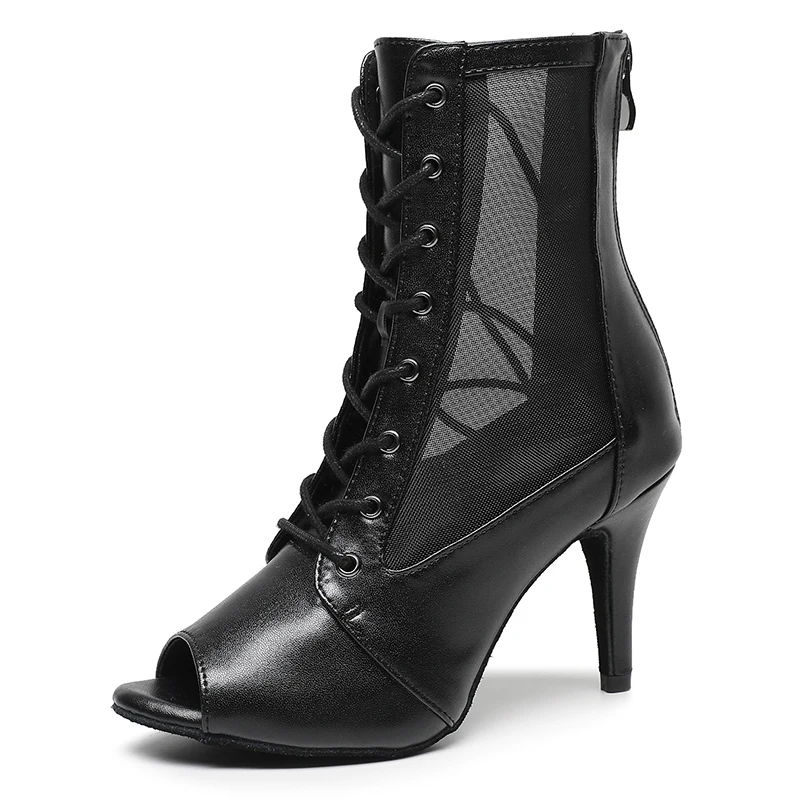 Woman Beige Black Latin Dance Booties Women Open Toe Lace Up Stiletto Bootie for Girls Suede Sole High Heel Dance Boots Shoes