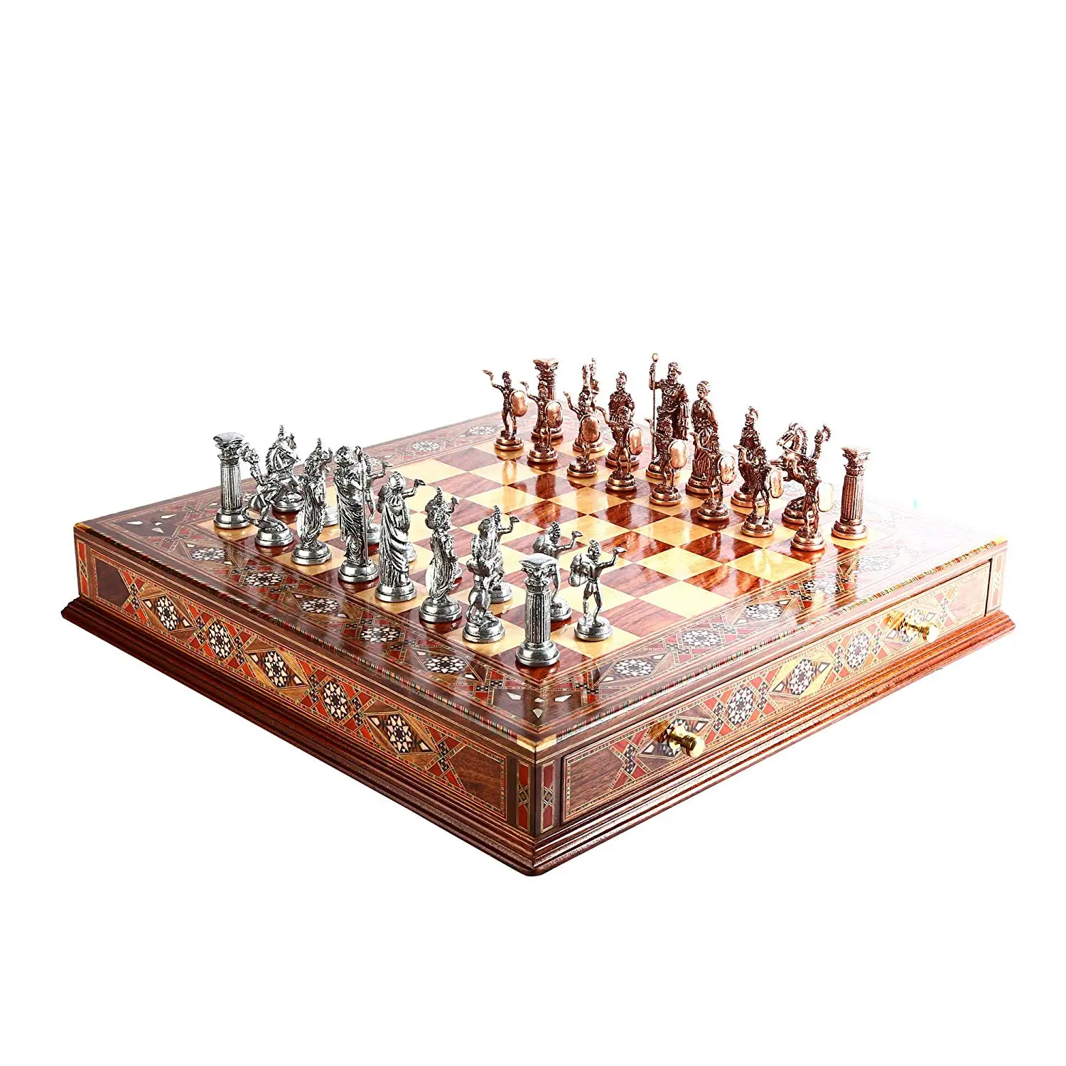 Metal Chess Set Antique Copper Rome Figures Handmade Pieces,Natural Solid Wooden Board Original Pearl,Storage Inside King 10 cm