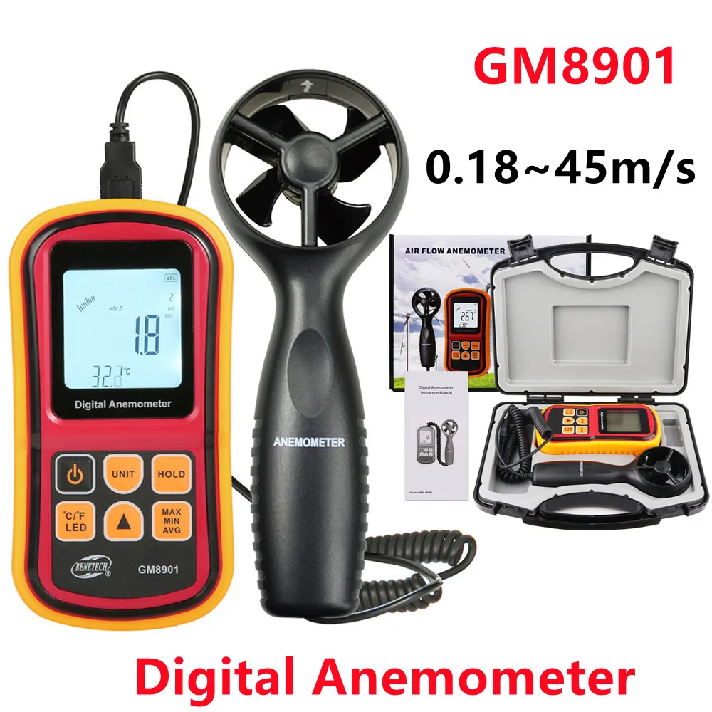 

5PCS 45m/s Digital Anemometer GM8901 Wind Speed Gauge Meter Thermometer Handheld Windmeter LCD Display High Precision Measure