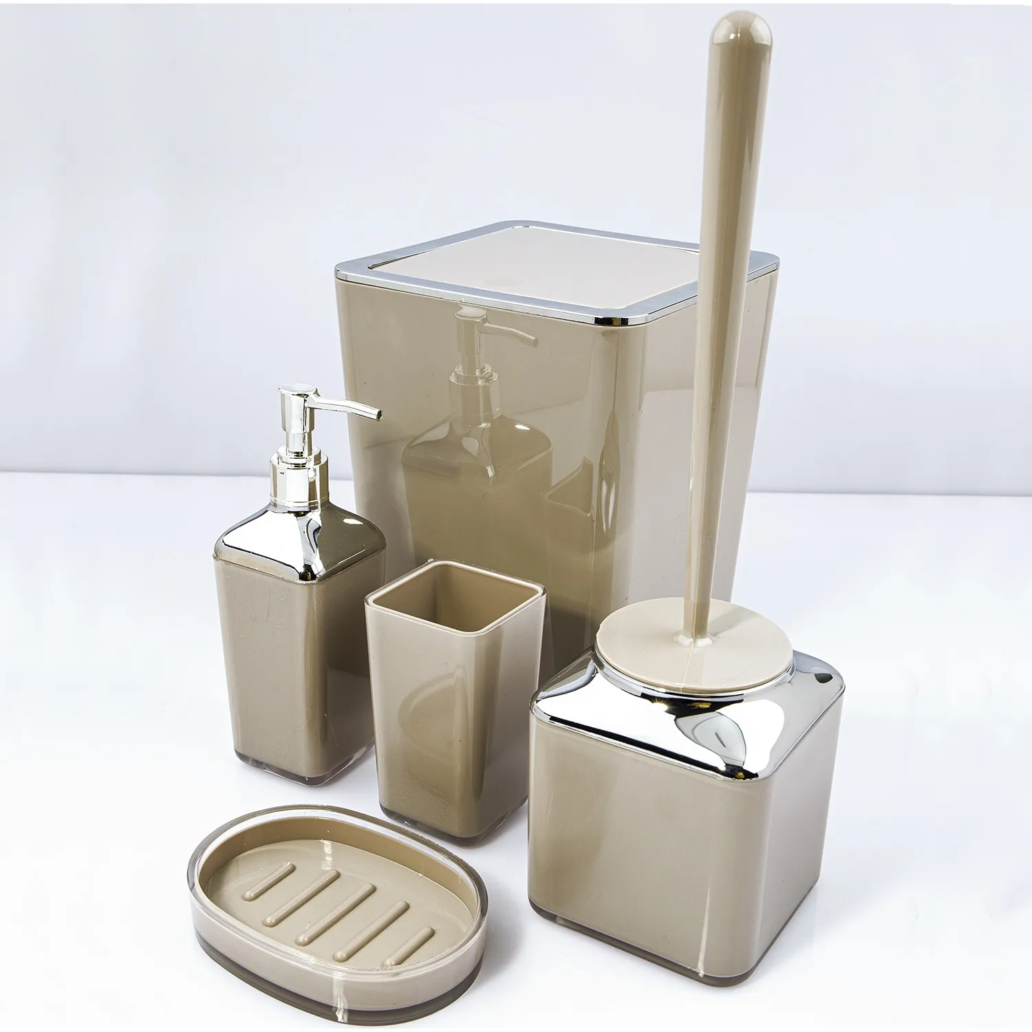 2022 Model 5 pieces Cream Bath Set 5 Pieces Square Bathroom Accessories Bathroom Trash Can Liquid Soap Dispenser Acrylic