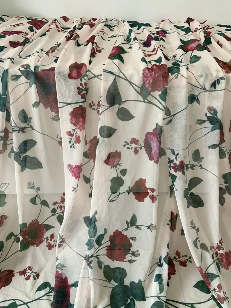 Printed 4 Way Stretchy Mesh Fabric With Red Roses, Ivory Power Mesh Fabric For Dress Elastic Mesh Fabric With Printed Flowers