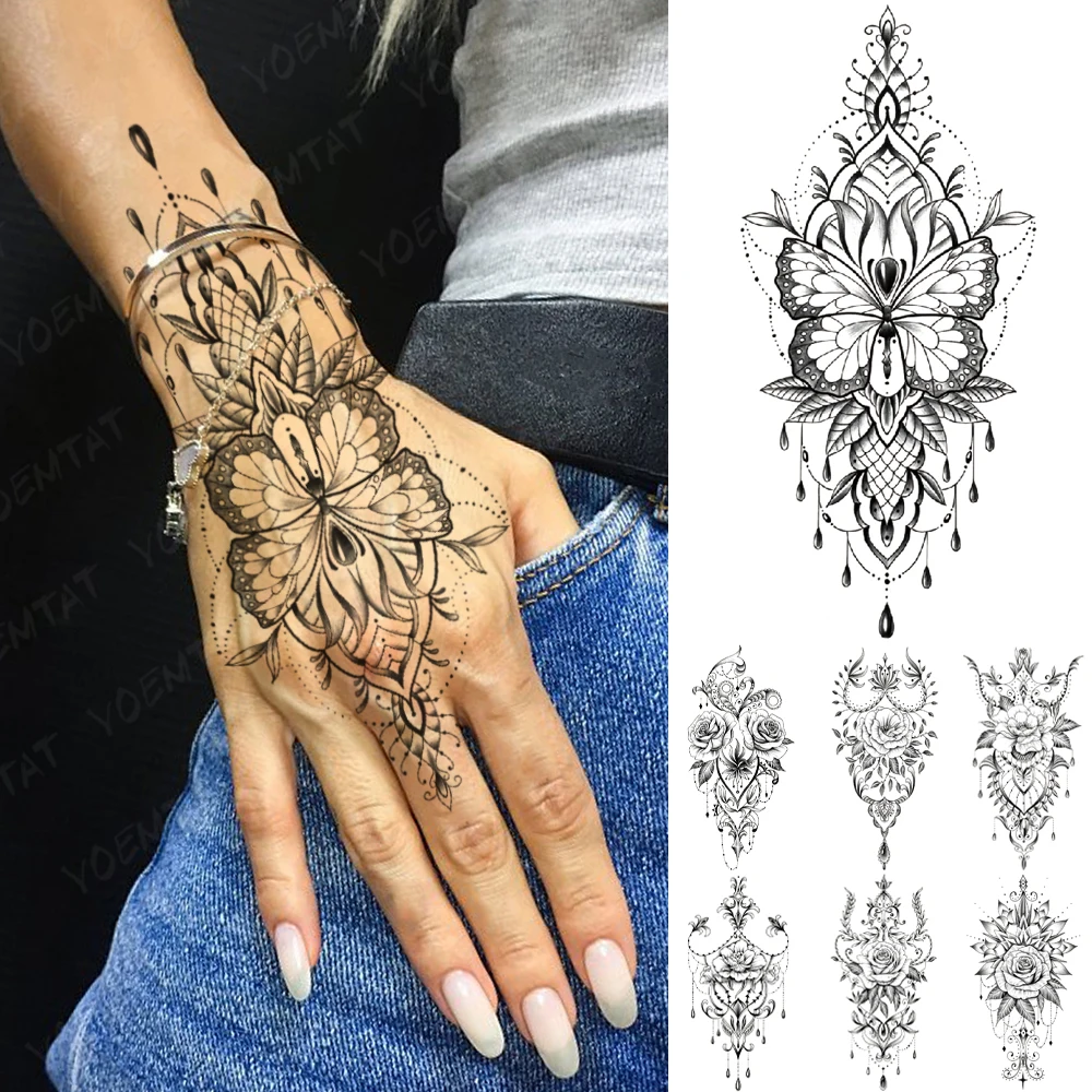 

Waterproof Temporary Tattoo Sticker Butterfly Lotus Lace Henna Flower Flash Tatto Women Men Hand Painted Body Art Fake Tattoos