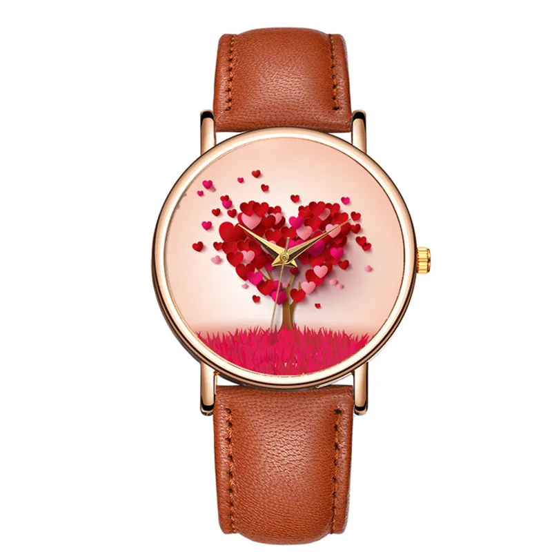 Montre-bracelet en cuir pour femme, cœur, arbre, horloge, cadeaux, dames, mode, 2020