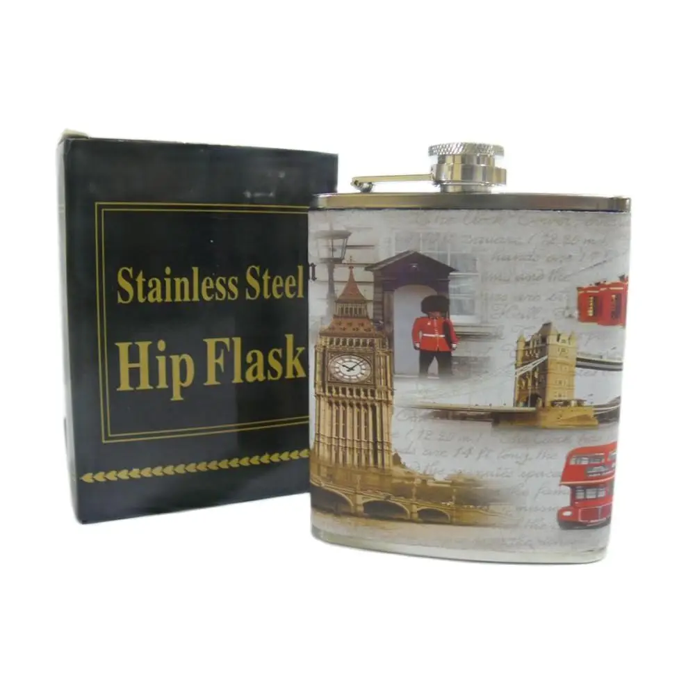 7oz metallic flask and cover by a portable Big Ben design case to hold liquids