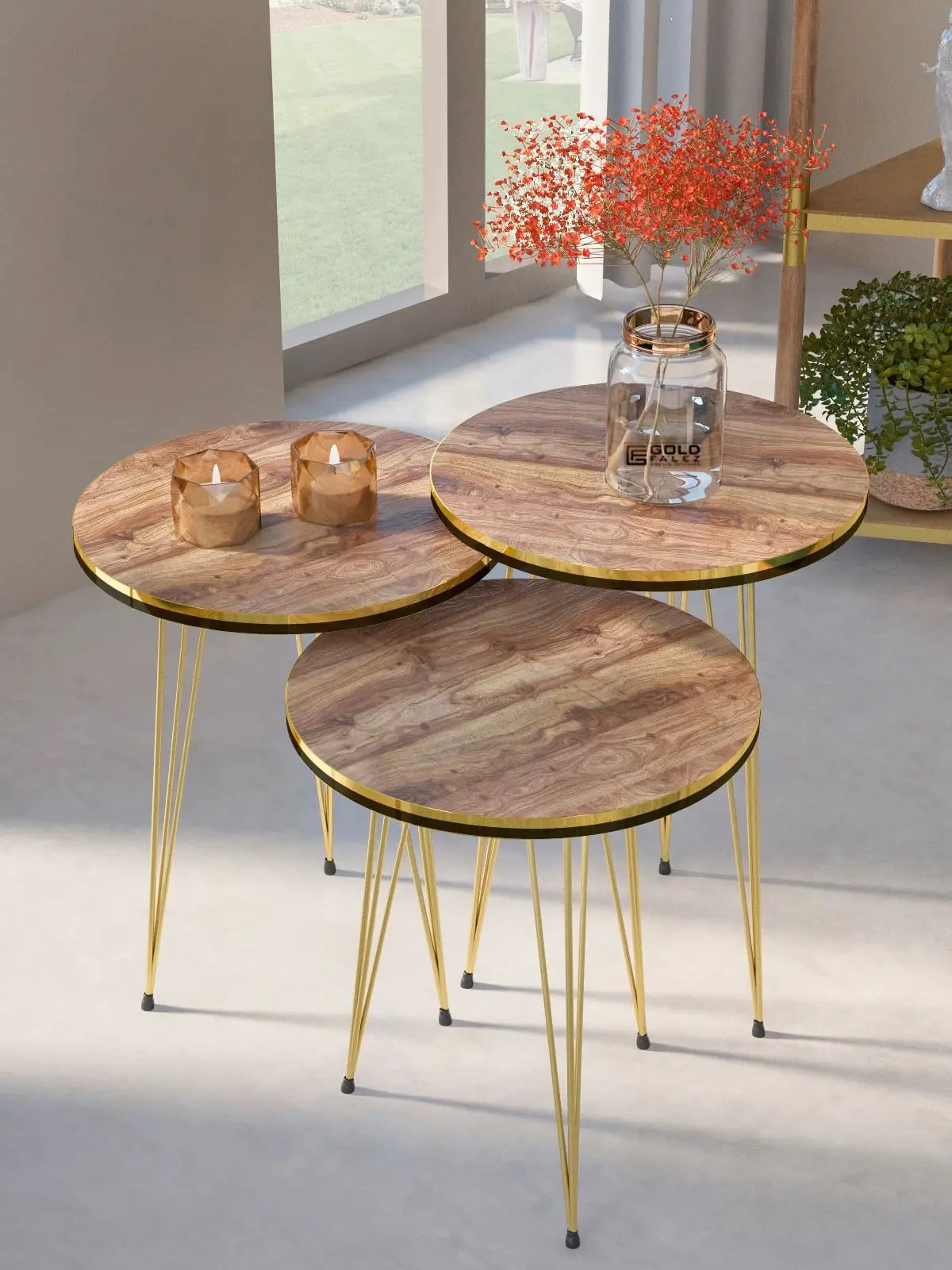 Modern Nelling Table 3 Pieces Patterned Gold Wire Metal Leg De Monte Side Table Tea Coffee Service Table Round Living Room Bedsi