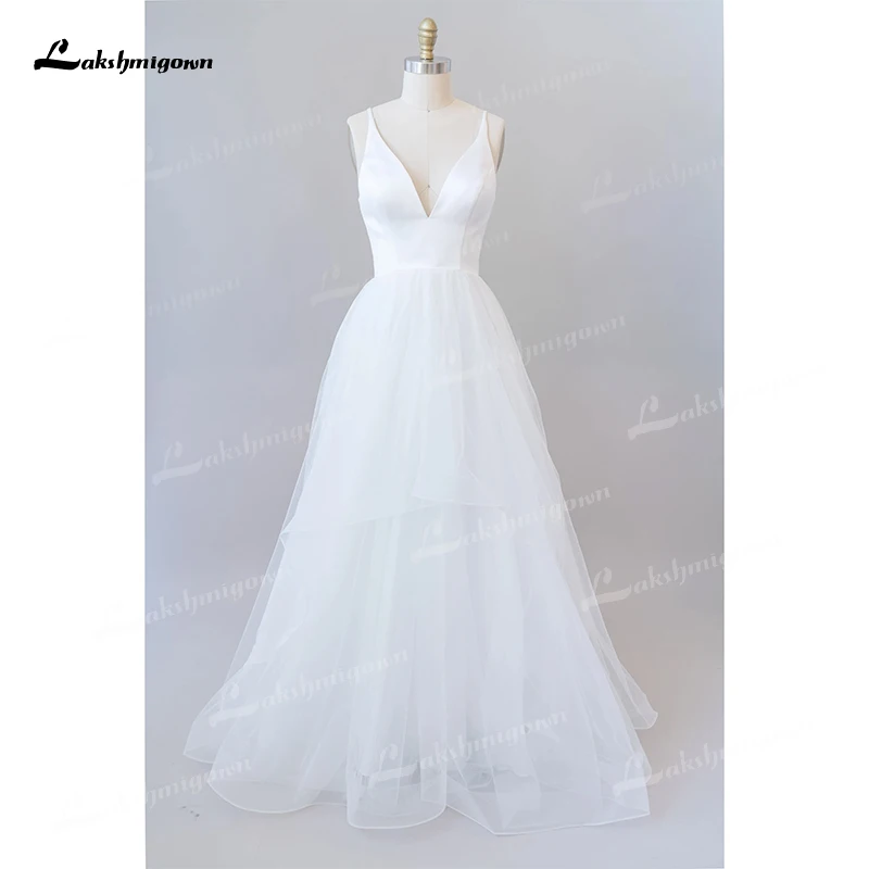 Simple V-neck Spaghetti Straps High Waist Sashes A-Line Wedding Dresses Netting Bridal Gown Sweep Backless Zipper Floor vestido