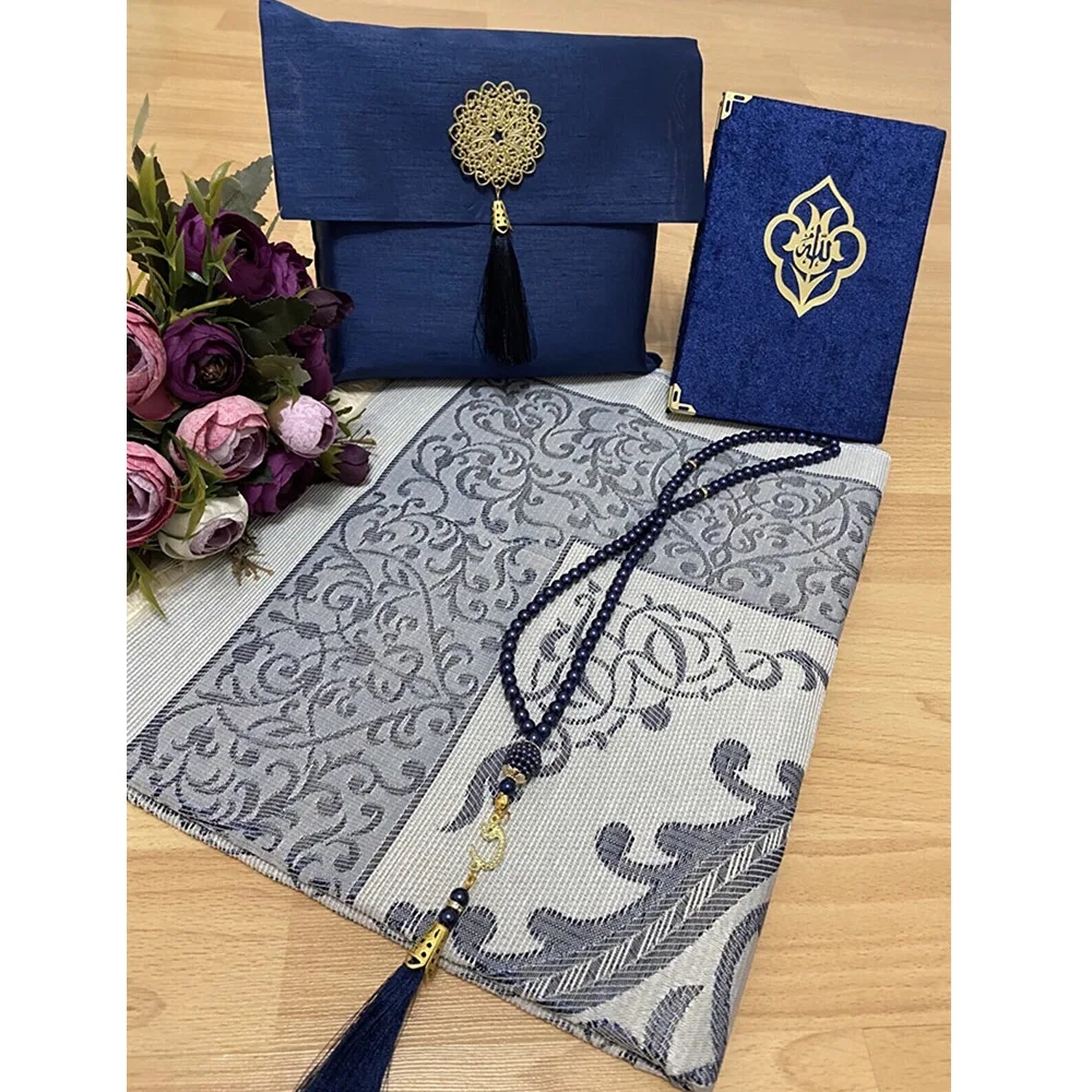 4PCs Taffeta Mat Muslim Prayer Rug Set Eid Ramadan Gift Bag  Surah Yasin Book 99 Beaded 6 Mm Rosary Wholesale Islamic Items