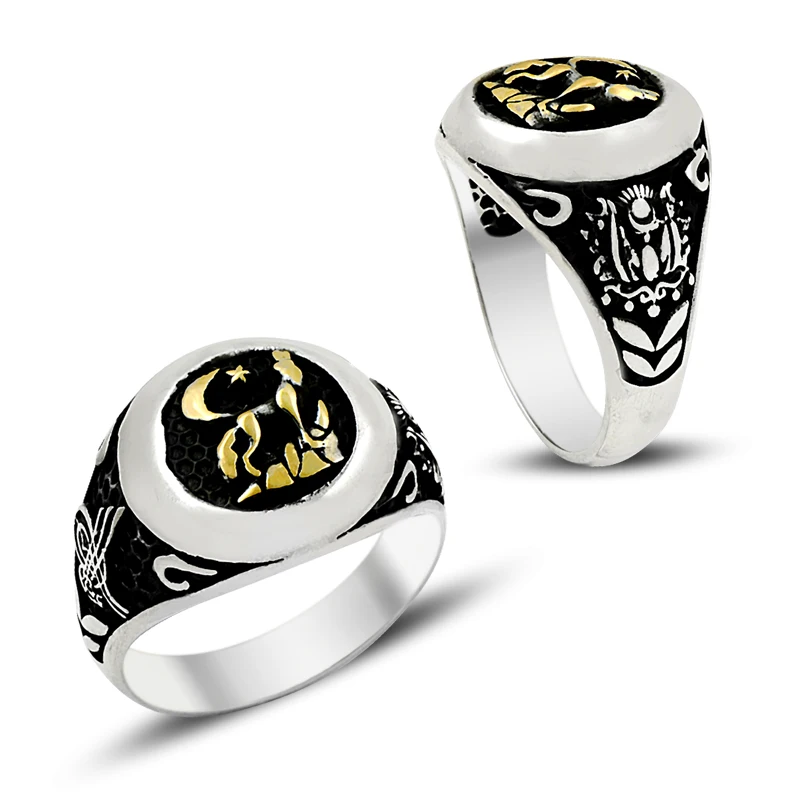 925 Silver Ethnic Turkish Rings for Men Wolf and Moon Added