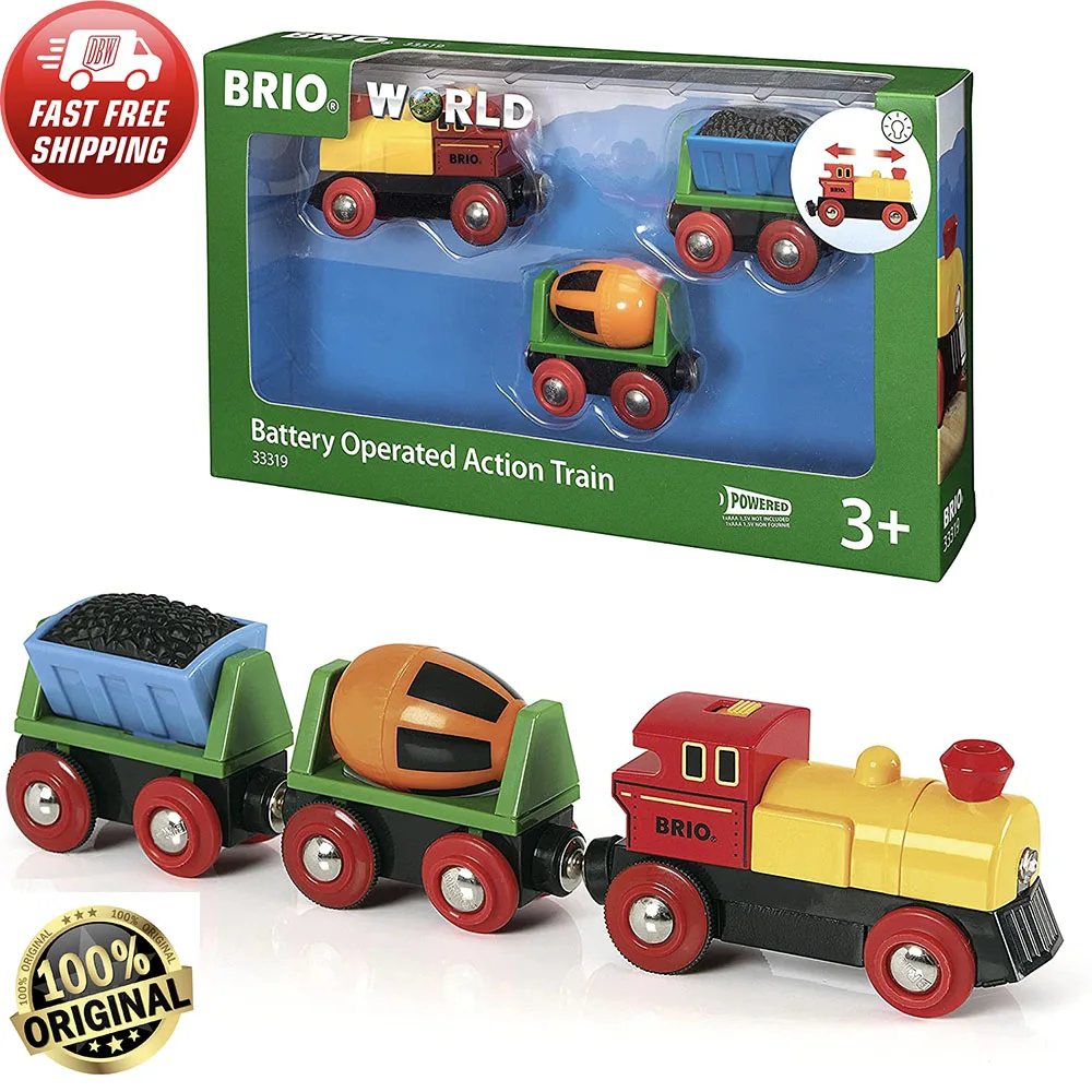 Brio World - 33319 Battery Operated Action Train - 3 Pieces Toy Train For Kids 3 years and Over - Locomotive with Wood Rail