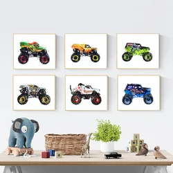 Monster Truck Cartoon Watercolor Art Painting Canvas Print Modern Nordic Posters Boy Gifts Nursery Kids Room Decoration Pictures