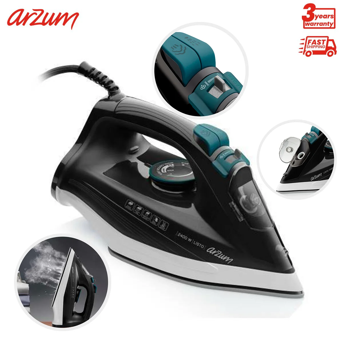 Arzum Listo Steam Iron Warm-Up Explosive Steam Garment Steamers Heater Ceramic Base Vertical Steam Feature Water Spray 320 Ml Water Tank Capacity 120 Gr Shock Of Steam Adjustable Temperature Vertical Steam Feature Anti