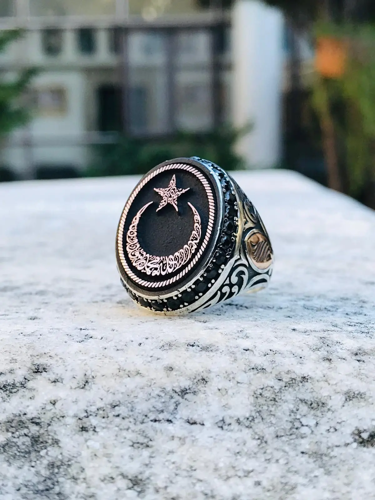 Elegant Big Design 925 Sterling Silver Word-i Monotheism And Moon Star Men's Ring Side With Microstone Islamic Gift for Him