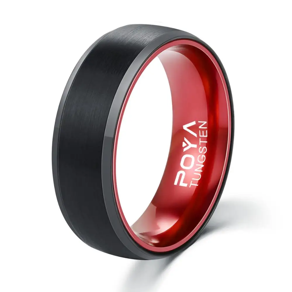 

POYA TUNGSTEN Ring 8mm Men's Black and Red Wedding Band Anodized Aluminum Liner Comfort Fit