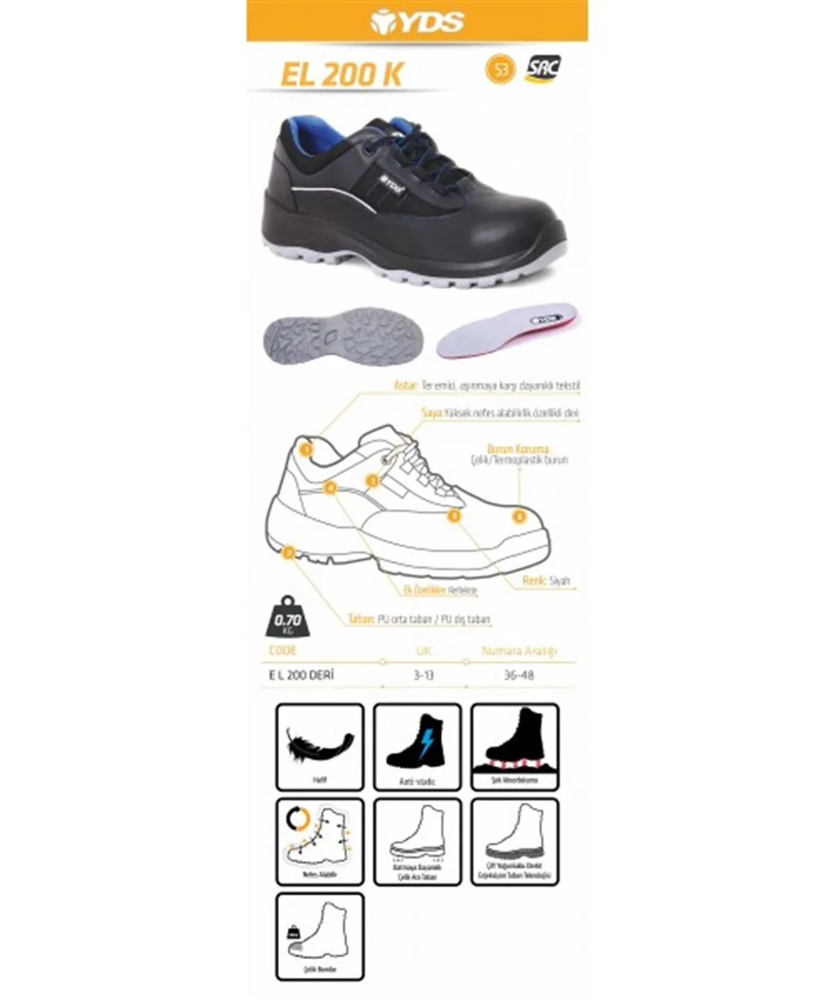 YDS EL 200 S2 K Black Breathable Genuine Leather, Steel Toe, Antistatic, Highly Comfortable Work Safety Shoes Four Season