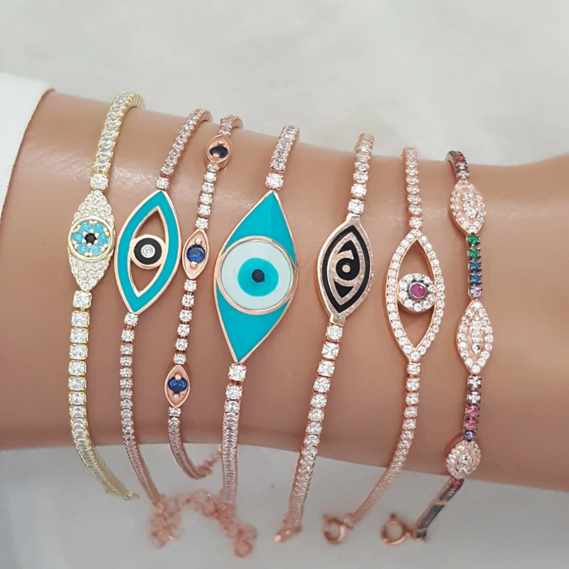 Trendy Turkish Evil Eye 925 Silver Female Bracelet Bohomian Cz Diamond Tenis Protection Good Luck Collection Rose Gold Boho New