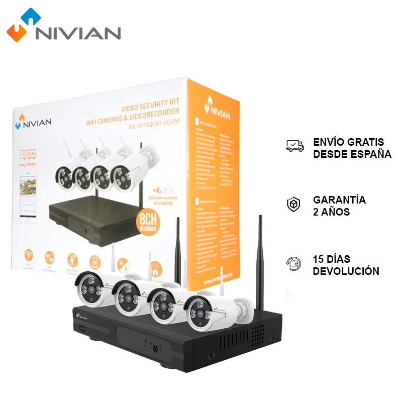 Nivian NV-KIT830W-4CAM, Nivian NV-KIT830W-4CAM-1TB, outdoor wifi surveillance cameras, 8CH and 4 camera recorder Kit, IP66, security camera, night vision, motion detection, camera video surveillance