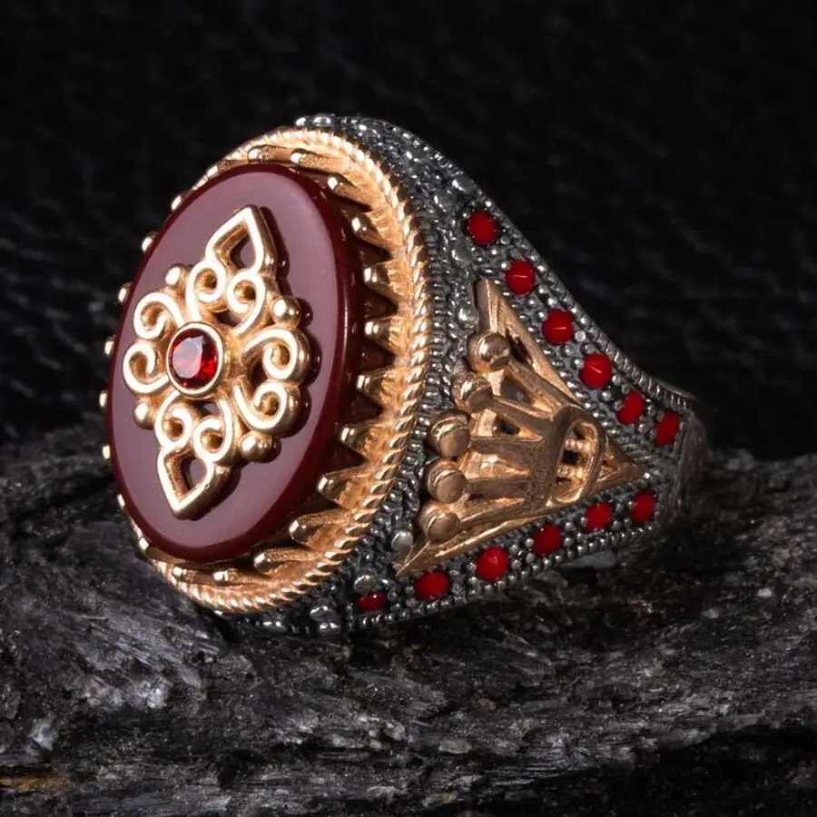 

Crown of King Patterned Burgundy Zircon Stone Silver Men's Ring Fashion Turkish Premium Quality Handmade Jawelery