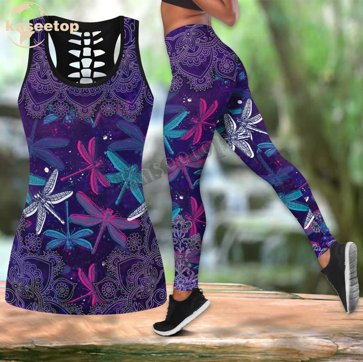 Female Beautiful Dragonfly 3D Print Women Two Piece Yoga Set Vest Hollow Combo Tank Top Legging Waist Sport Fitness Quick Dry