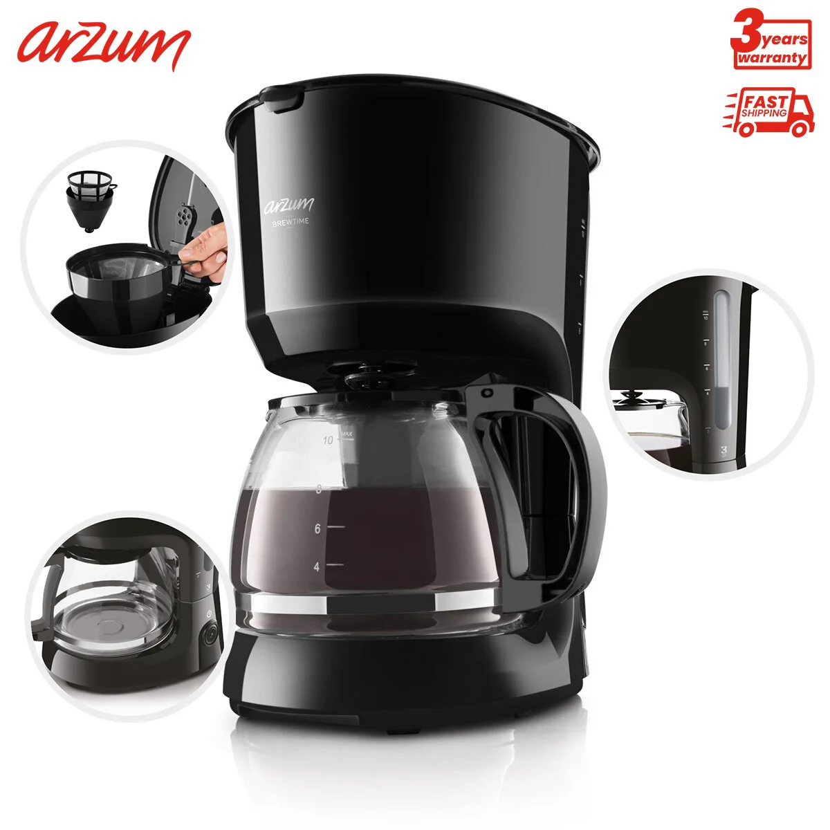 ARZUM Brewtime Filter Coffee Machine Apply To Ground&Beans Home Appliances Dripping Coffee Maker With Digital Display&Keep Warm Coffe Machine With Anti-Drip Aroma Timing Setting Detachable Filter